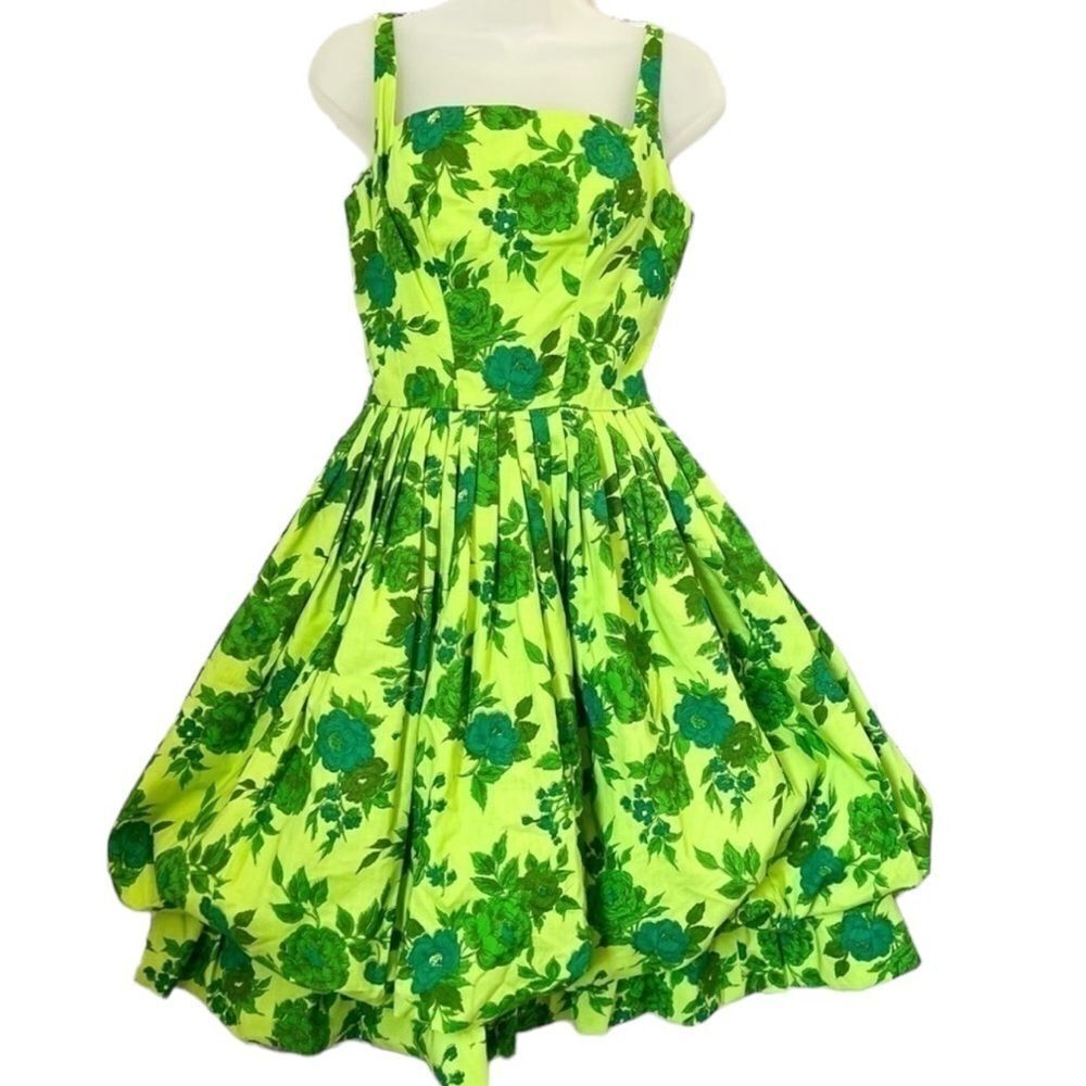 Vintage 1950s Mamselle Green Floral Bubble Hem Full Skirt Tea Dress Size 11